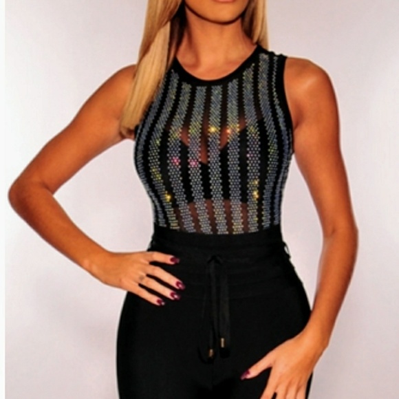 New Black bodysuit with sliver rhinestones - Picture 2 of 5